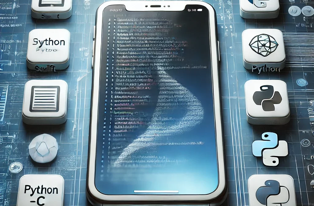 DALL·E 2024-12-19 14.02.36 - A conceptual image of modern iOS app development, featuring an iPhone with lines of code on its screen, icons representing different programming langu