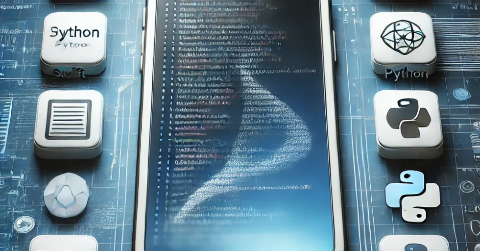 DALL·E 2024-12-19 14.02.36 - A conceptual image of modern iOS app development, featuring an iPhone with lines of code on its screen, icons representing different programming langu