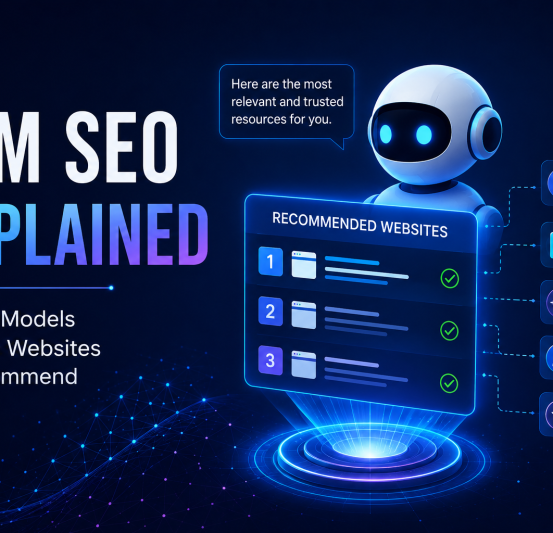 LLM SEO Explained LLM SEO guide showing how AI models recommend websites based on authority, relevance, and trust.