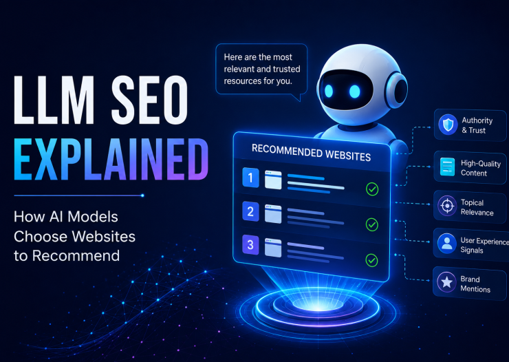 LLM SEO Explained LLM SEO guide showing how AI models recommend websites based on authority, relevance, and trust.