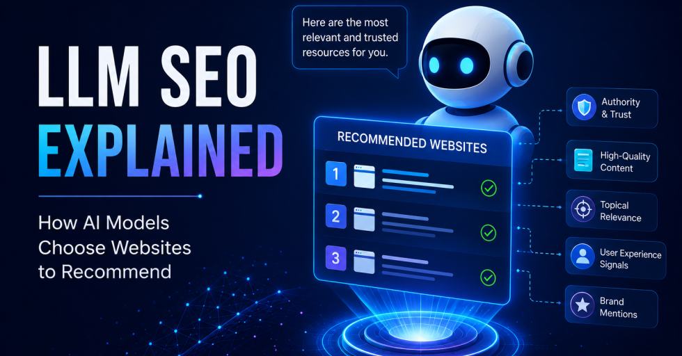 LLM SEO Explained LLM SEO guide showing how AI models recommend websites based on authority, relevance, and trust.